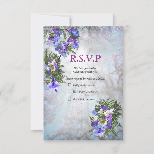Jacaranda Blooms en Lily Bouquet RSVP Kaartje (Voorkant)