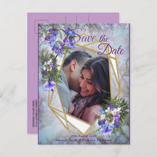 Jacaranda Blooms & Lily Bouquet Bewaar de datum Aankondigingskaart (Voorkant / Achterkant)