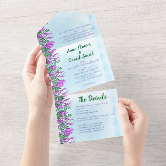 Jacaranda Sky Blue All in One Wedding Uitnodigen All In One Uitnodiging (Afscheurbaar)