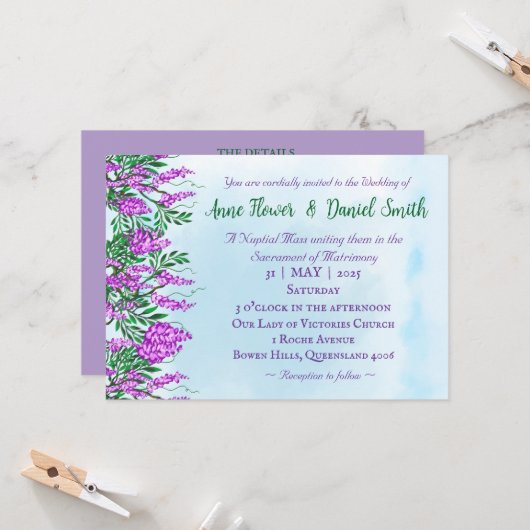 Jacaranda Sky Blue Katholieke bruiloft uitnodiging (Voorkant / Achterkant in situ)
