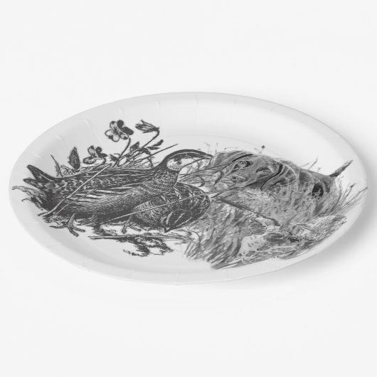 Jacht kwartels met jachthond papieren bordje (Gekanteld)