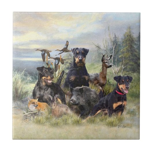 Jacht met Jagdterriers , Kunst Tegeltje (Voorkant)