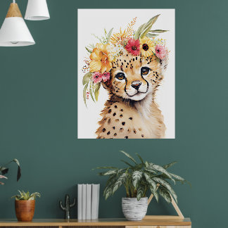 Jachtluipaard Bloem Kroon Kunstprint Aquarel Kinde Poster