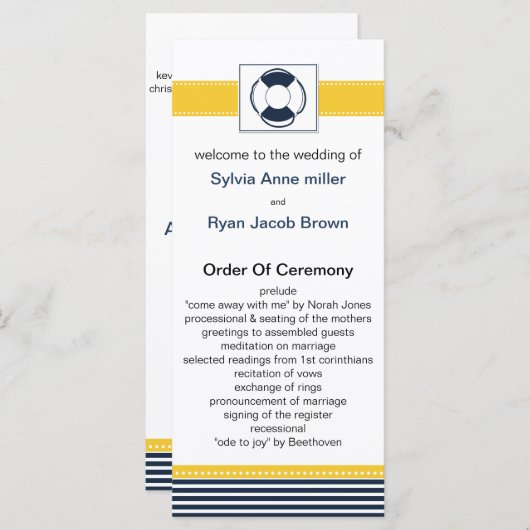 jachtstrepen, reddingsboei, nautische trouwprogram programmakaart (Voorkant / Achterkant)