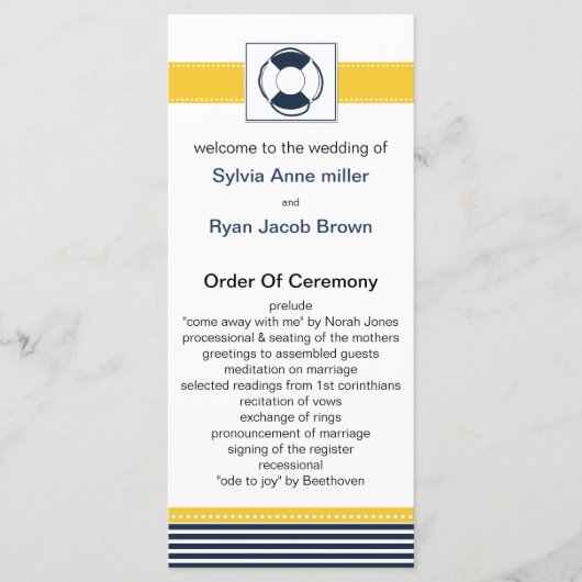 jachtstrepen, reddingsboei, nautische trouwprogram programmakaart (Voorkant)