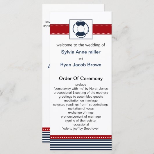 jachtstrepen, reddingsboei, nautische trouwprogram programmakaart (Voorkant / Achterkant)