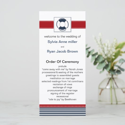 jachtstrepen, reddingsboei, nautische trouwprogram programmakaart (Staand voorkant)