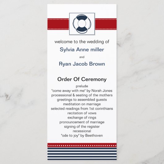 jachtstrepen, reddingsboei, nautische trouwprogram programmakaart (Voorkant)