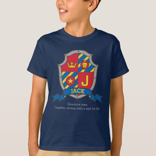 Jack J letter naam betekent kam ridders schild T-shirt (Voorkant)
