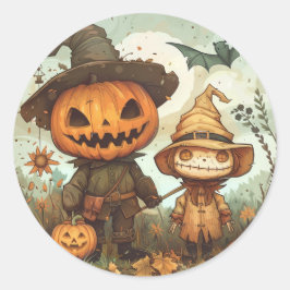 Jack O lantaarn en vogelverschrikker Ronde Sticker