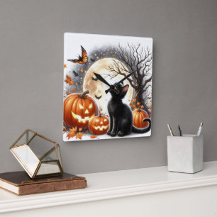 Jack O' lantaarn en zwarte kat Halloween wandklok