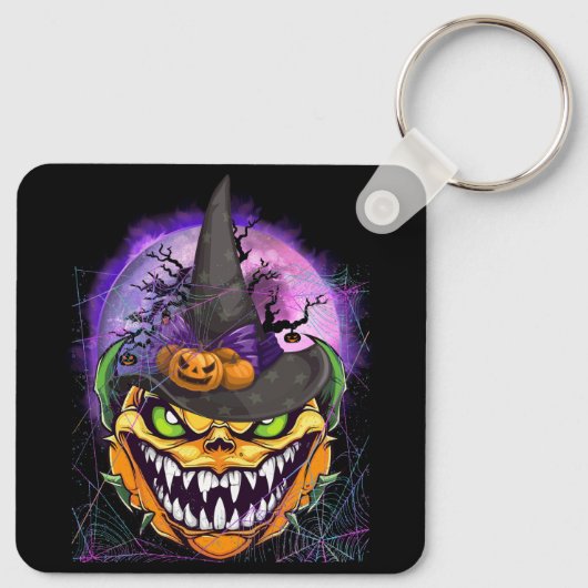 Jack O lantaarn gezicht pompoen met heks Pet eng H Sleutelhanger (Achterkant)