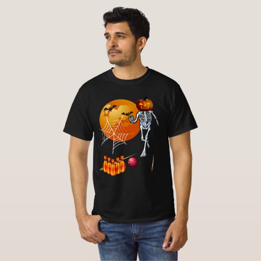 Jack O lantaarn pompoen skelet spelen bowling ha T-shirt (Voorkant volledig)