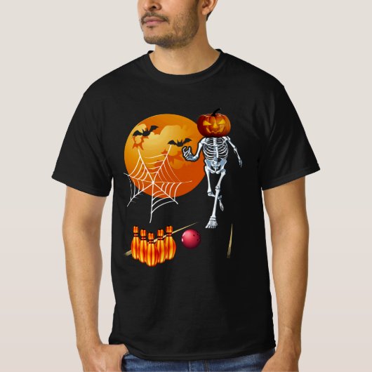 Jack O lantaarn pompoen skelet spelen bowling ha T-shirt (Voorkant)