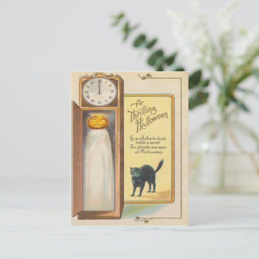 Jack O lantaarn spook zwarte kat grootvader klok Briefkaart (Staand voorkant)