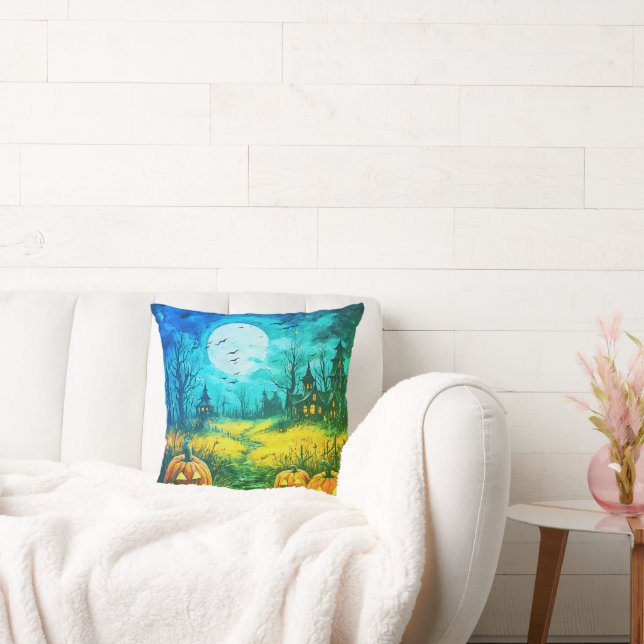 Jack-O' lantaarns en griezelige huizen Moon Hallow Kussen (Bank)