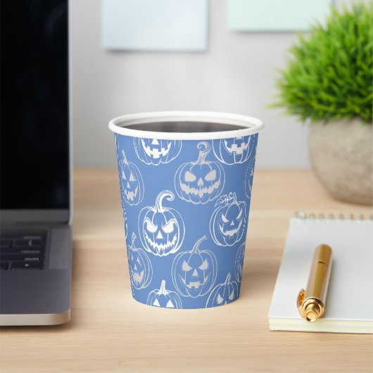 Jack-o-lantaarns Pattern.White L blauw BG Papieren Bekers (Insitu)