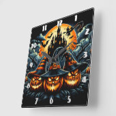 Jack-o'-lantaarns schijnen onder maanlicht vierkante klok (Hoek)