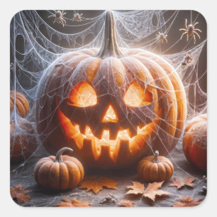Jack-o-lantern bedekt met spinnenwebben vierkante sticker