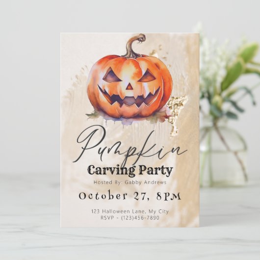 Jack-O' Lantern Beige Pompoen Carving Party Kaart (Staand voorkant)