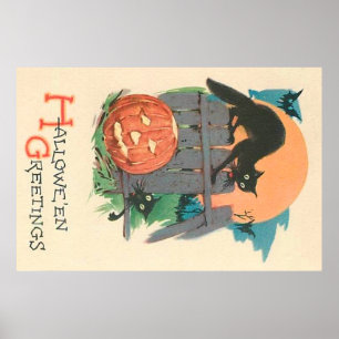 Jack O' Lantern Black Cat Bat Full Moon Poster