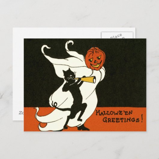 Jack O' Lantern Black Cat Ghost Horn Briefkaart (Voorkant / Achterkant)