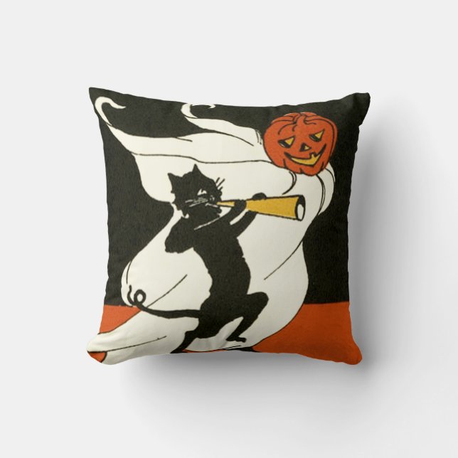 Jack O' Lantern Black Cat Ghost Horn Kussen (Voorkant)