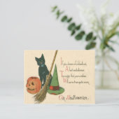Jack O' Lantern Black Cat Witch's Pet Bezem Briefkaart (Staand voorkant)