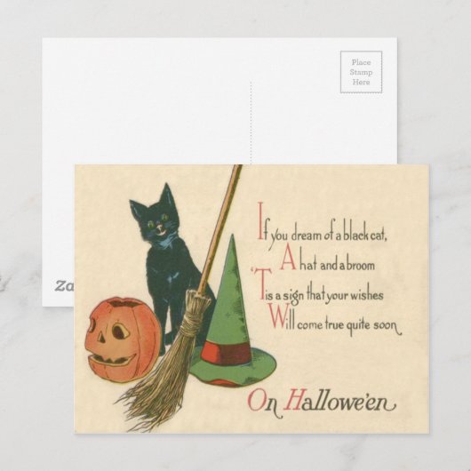 Jack O' Lantern Black Cat Witch's Pet Bezem Briefkaart (Voorkant / Achterkant)
