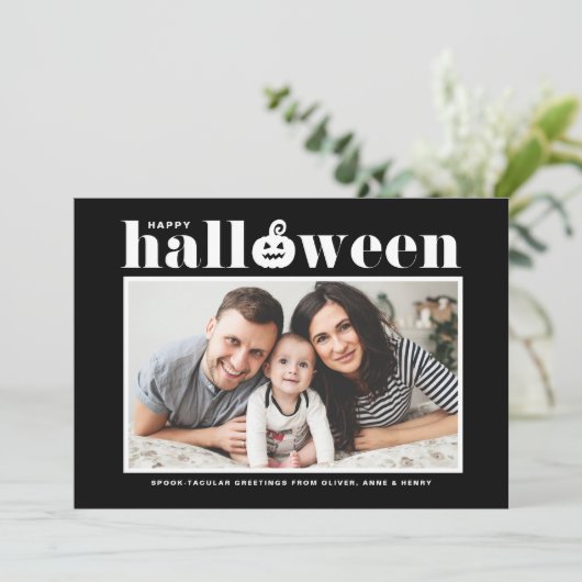 Jack-o'-lantern Black Foto Happy Halloween Feestdagenkaart (Staand voorkant)