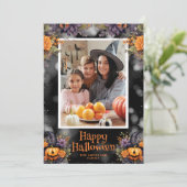 Jack-O'-Lantern Bloemfoto Happy Halloween Kaart (Staand voorkant)