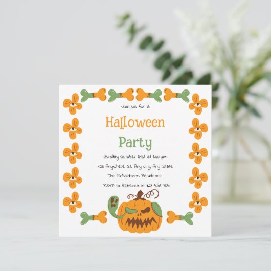 Jack-o'-Lantern & Botten Spooky Halloween Party Kaart (Staand voorkant)