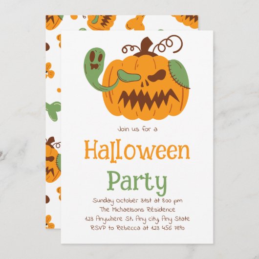 Jack-o'-Lantern & Botten Spooky Halloween Party Kaart (Voorkant / Achterkant)
