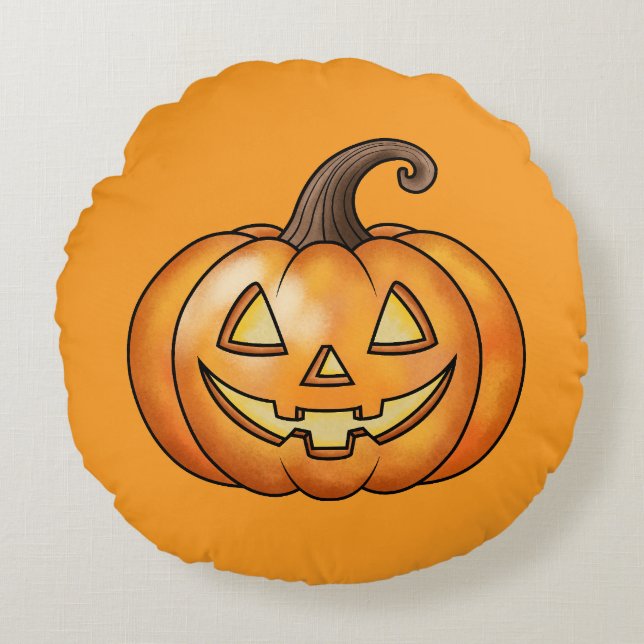 Jack O Lantern Cartoon Pompoen Sinaasappel Hallowe Rond Kussen (Voorkant)