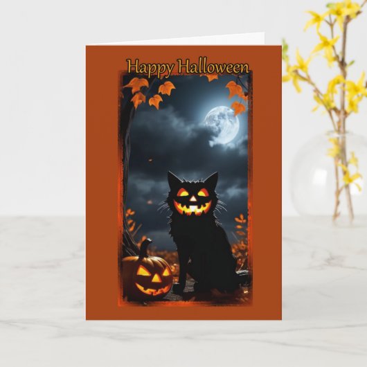 Jack-O-Lantern Cat Halloween Kaart (Gele Bloem)