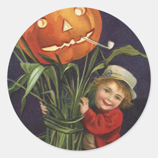  Jack-o-Lantern Cornstalk en Boy Halloween Ronde Sticker (Voorkant)