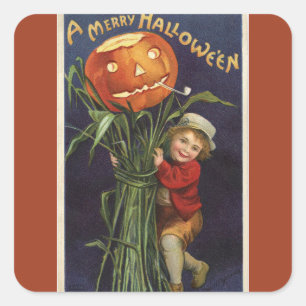 Jack-o-Lantern Cornstalk en Boy Halloween Vierkante Sticker