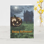 Jack-O-Lantern en Haunted House Halloween Kaart (Gele Bloem)
