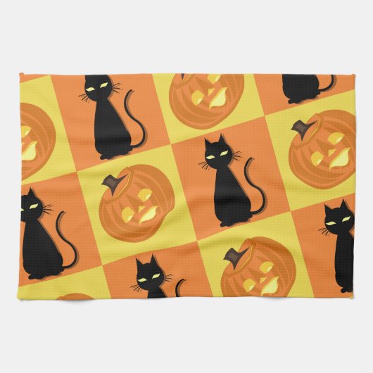 Jack-o'-lantern en kat keukenhanddoek. theedoek (Horizontaal)