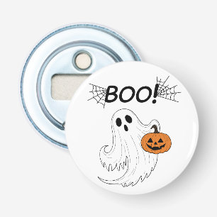 Jack-o’-Lantern en Witte Geest “Boe” Halloween Button Flesopener