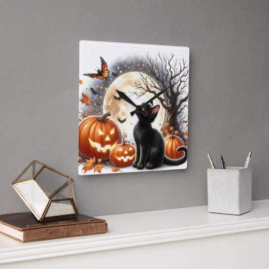 Jack O' Lantern en Zwarte Kat Halloween Wandklok (Kantoor)
