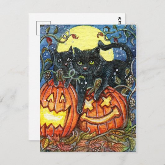Jack-O'-Lantern en zwarte katten Briefkaart (Voorkant / Achterkant)