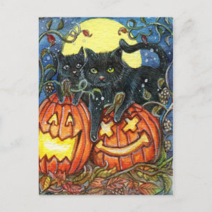 Jack-O'-Lantern en zwarte katten Briefkaart