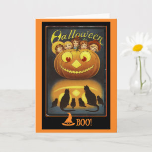 Jack o' Lantern en Zwarte Katten Vintage Halloween Kaart