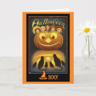 Jack o' Lantern en Zwarte Katten Vintage Halloween Kaart
