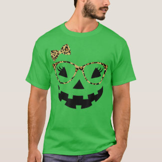 Jack O Lantern Face Leopard Glasses Halloween Pomp T-shirt