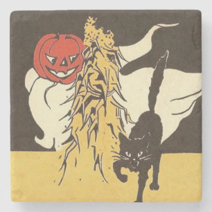 Jack O' Lantern Geest Zwarte Kat Maïsstengel Stenen Onderzetter