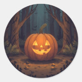 Jack O' Lantern gloeit in het bos Ronde Sticker (Voorkant)