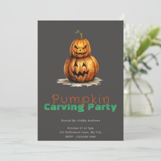 Jack-O' Lantern Grijs Pompoen Carving Party Kaart (Staand voorkant)