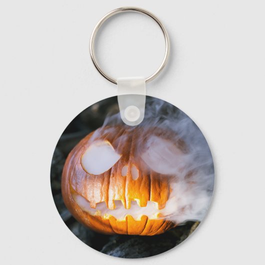 Jack-o-Lantern Halloween Pompoen Hoofd in brand Sleutelhanger (Voorkant)
